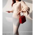 Set: Round-neck Cable-knit Top + Band-waist Long Skirt