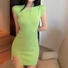 Cap-sleeve Slit Polo Dress Green - One Size