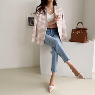 Lapelless Pattern Tweed Blazer Pink - One Size