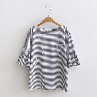 Striped Frilled Short-sleeve T-shirt