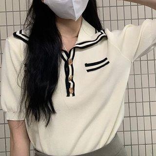 Puff-sleeve Striped Trim Shirt