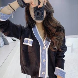Contrast-color Cropped Knit Cardigan