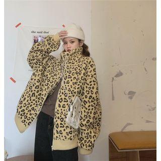 Stand-collar Leopard Print Zip-up Jacket Leopard - Brown - One Size