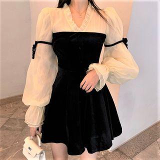 Puff-sleeve Paneled A-line Dress As Shown In Figure - One Size