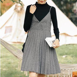 Mock Neck Long-sleeve Knit Top/ Spaghetti-strap Pleated A-line Dress
