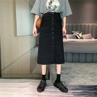 Buttoned Denim Fitted Midi Skirt