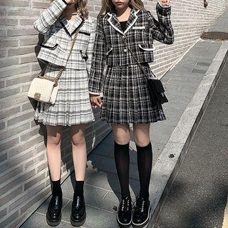 Plaid Button Jacket / Pleated Plaid Skirt