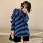 Cutout-sleeve Striped Top Blue - One Size