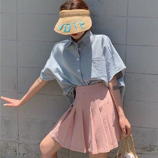 Plain Elbow-sleeve Shirt / Pleated Mini Skirt