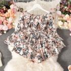 Long-sleeve Floral Playsuit Grayish Pink - One Size