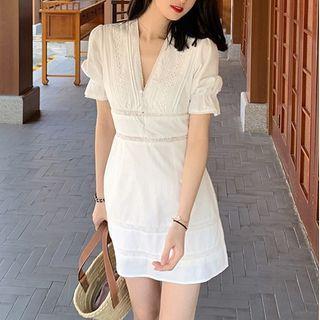 Puff-sleeve Lace Trim V-neck A-line Dress