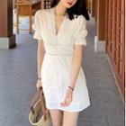 Puff-sleeve Lace Trim V-neck A-line Dress