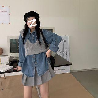 Denim Shirt / Knit Crop Tank Top