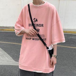 Mock Two-piece Short-sleeve Earth Print T-shirt