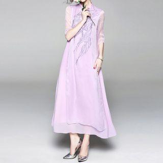 Elbow-sleeve Embroidered Mandarin-collar A-line Dress