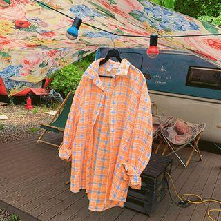 Dip-back Boxy Neon Plaid Shirt