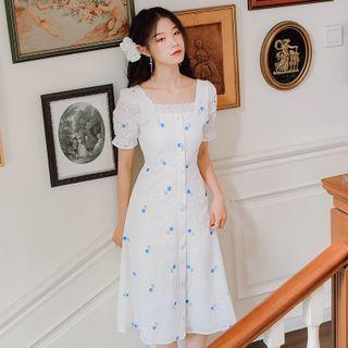 Floral Print Square-neck Short-sleeve Midi A-line Dress