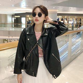 Faux-leather Loose-fit Biker Jacket Black - One Size