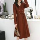 Long-sleeve Double-breasted Midi Knit Dress
