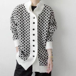 Stand-collar Argyle Pattern Button-up Cardigan
