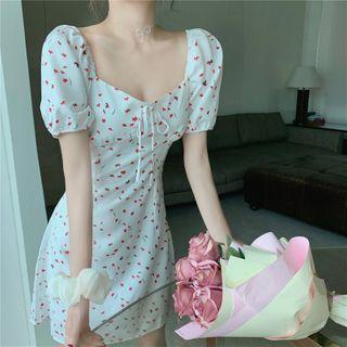 Maple-leaf Print Puff-sleeve Bodycon Dress