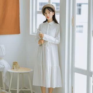 Plain Long-sleeve Drawstring Midi Dress