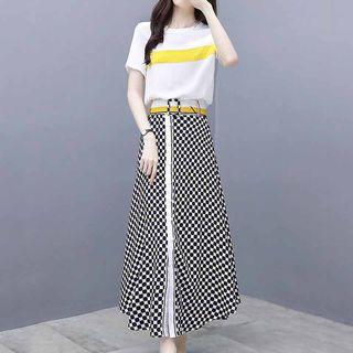 Set: Color Panel Short Sleeve T-shirt + Checked Flared Maxi Skirt