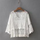 V-neck Embroidered 3/4-sleeve Top White - One Size