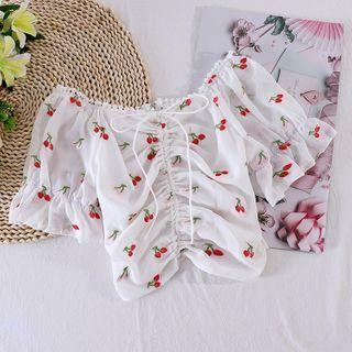 Cherry Embroidered Drawstring Chiffon Top