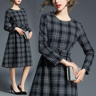 Plaid Long-sleeve Midi A-line Dress