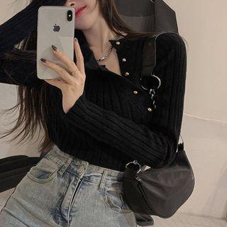 Diagonal Button-trim Knit Top