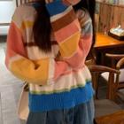 Long-sleeve Colored Striped Loose Fit Sweater Stripe - Rainbow - One Size