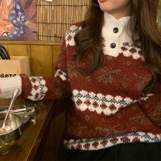 Stand Collar Snowflake Sweater Red - One Size