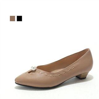 Genuine Leather Faux-pearl Trim Pumps