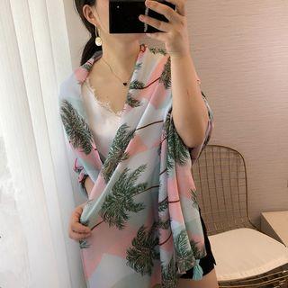 Palm Tree Print Tassel Shawl Palm Tree - Pink & Green - One Size