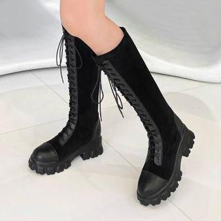 Faux Leather Lace-up Platform Mid-calf Boots / Tall Boots