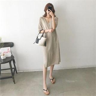 V-neck Linen Blend Boxy Knit Dress