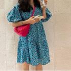 Puff-sleeve Floral Print Mini A-line Dress Blue - One Size
