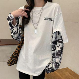 Mock Two-piece Long-sleeve Face Print T-shirt