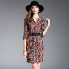 3/4-sleeve Notched-neck Printed Dress