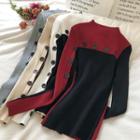 Long-sleeve Button-accent Two-tone Mock-neck Knit Top
