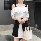 Set: Elbow-sleeve Cold Shoulder Top + A-line Mini Skirt