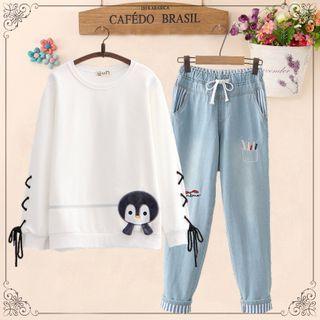 Penguin Embroidered Pullover / Straight-cut Jeans / Set