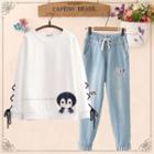 Penguin Embroidered Pullover / Straight-cut Jeans / Set