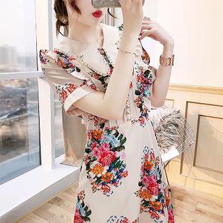 Short-sleeve Floral Print Chiffon A-line Dress
