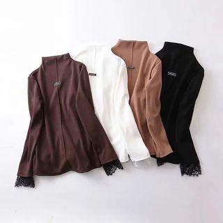 Mock Neck Long-sleeve Lace Panel Top
