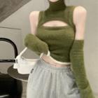 Set: Sleeveless Turtleneck Knit Top + Arm Sleeves Set Of 2 - Top & Arm Sleeves - Green - One Size