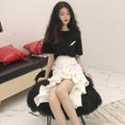 Short-sleeve Embroidered T-shirt / Frilled A-line Skirt