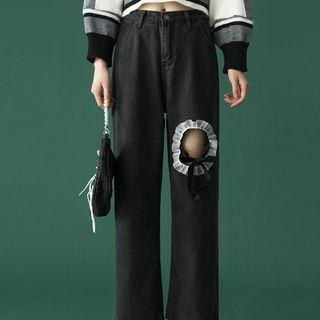 Cut-out Mesh Trim Straight-leg Jeans