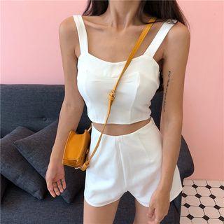 Set: Plain Slim-fit Cropped Sleeveless Top + High-waist Slim-fit Shorts